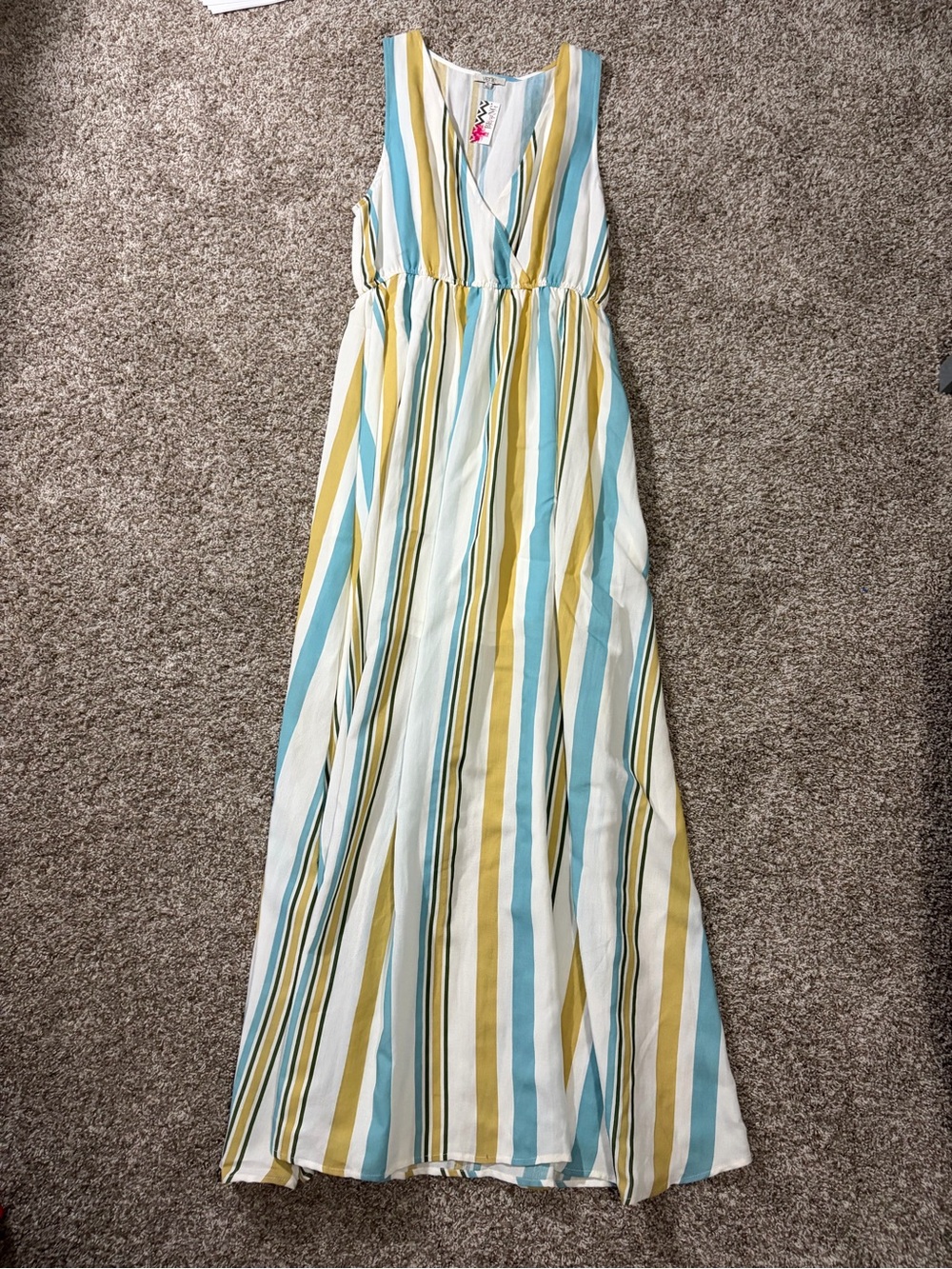 Mou Striped Sleeveless Maxi Dress in White, Mustard & Teal